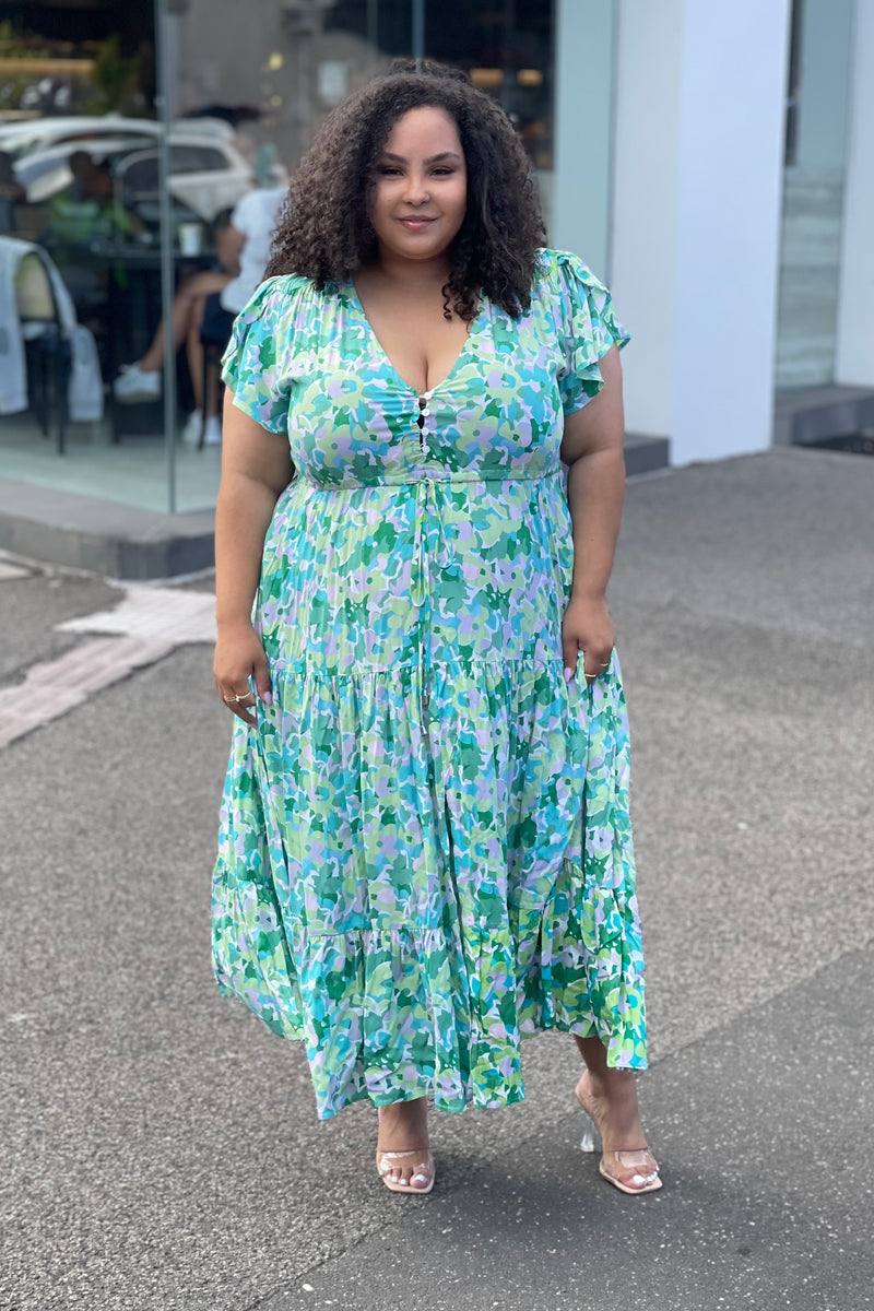 Green floral maxi dress 2025 with sleeves