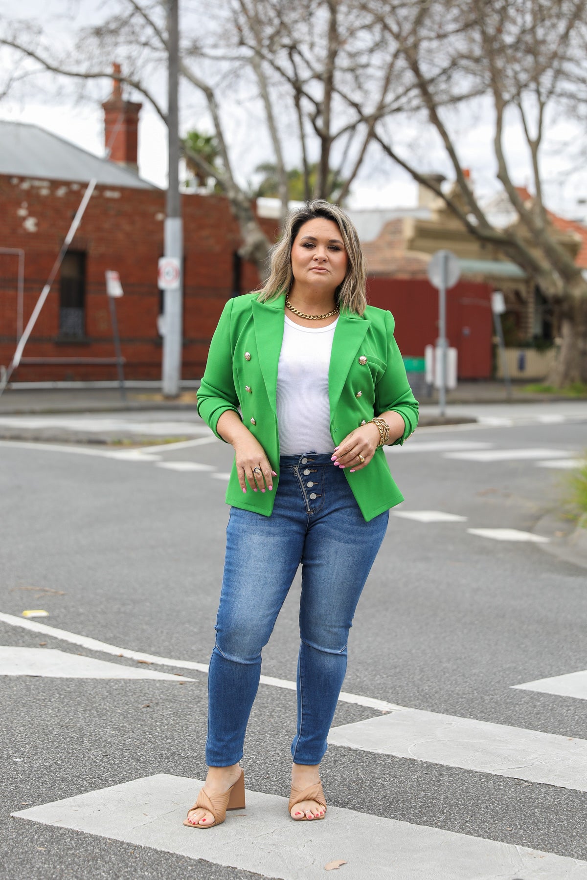 Green blazer with jeans best sale